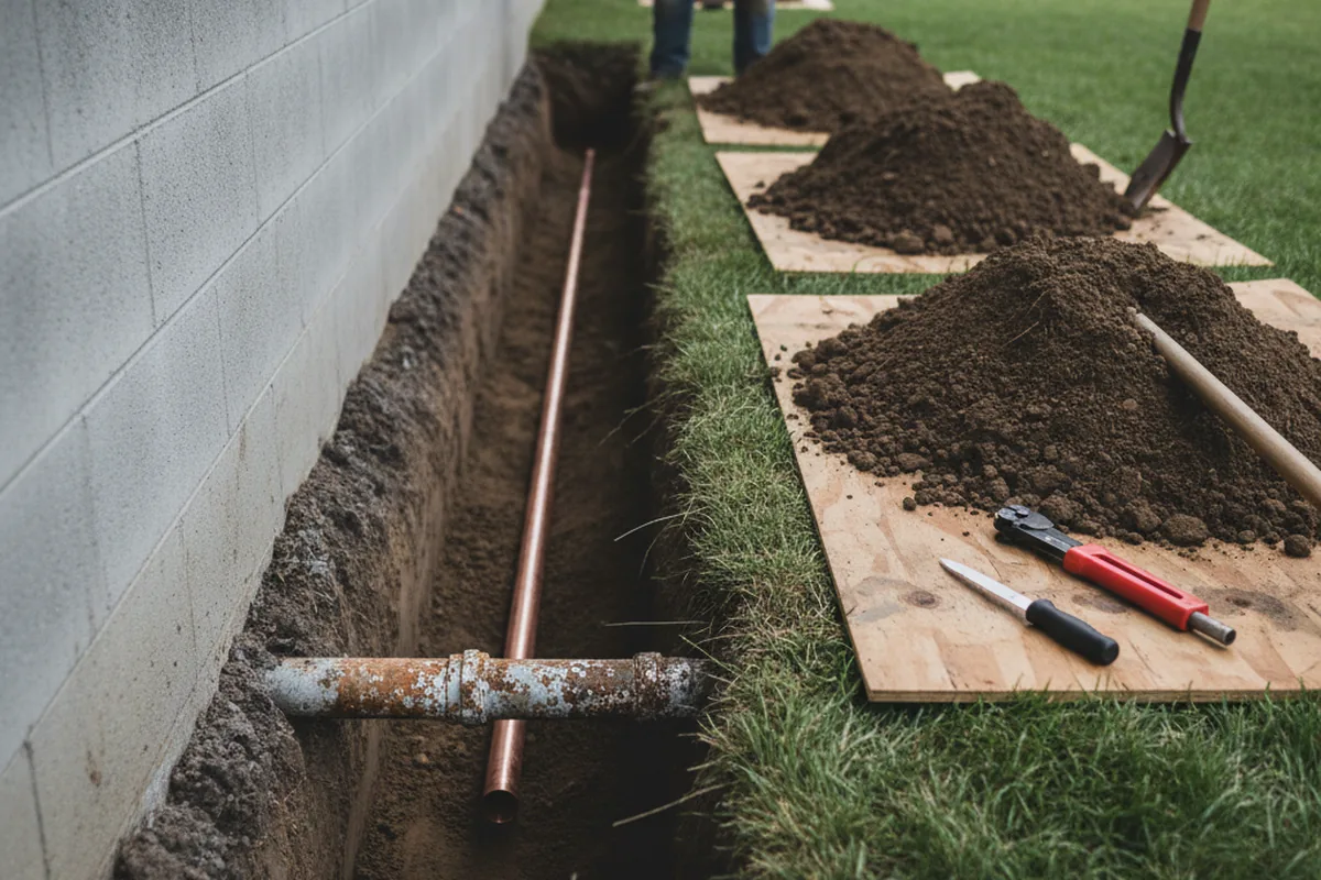 Excavated water line trench during Sewer Line Repair in Newton Lower Falls